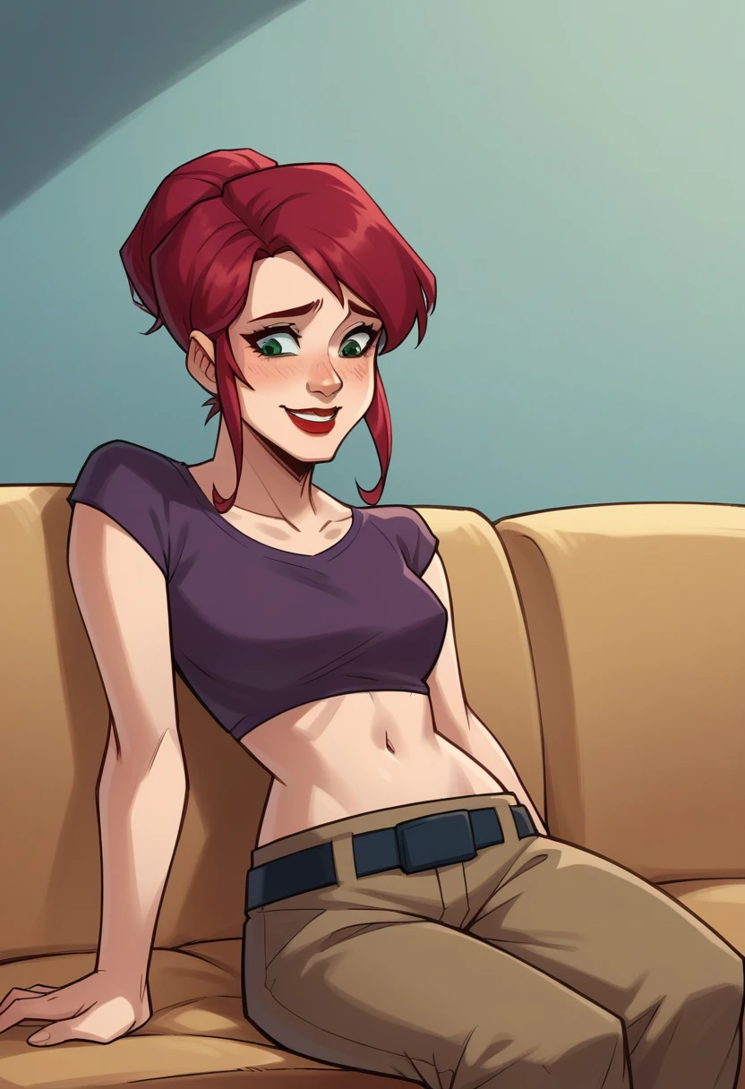 score_9,score_8_up,score_7_up BREAK april2003,1girl,short hair,shirt,navel,green eyes,red hair,midriff,belt,pants,crop top,makeup,lipstick,brown pants,cropped shirt, smiling, shy, sitting on sofa, 