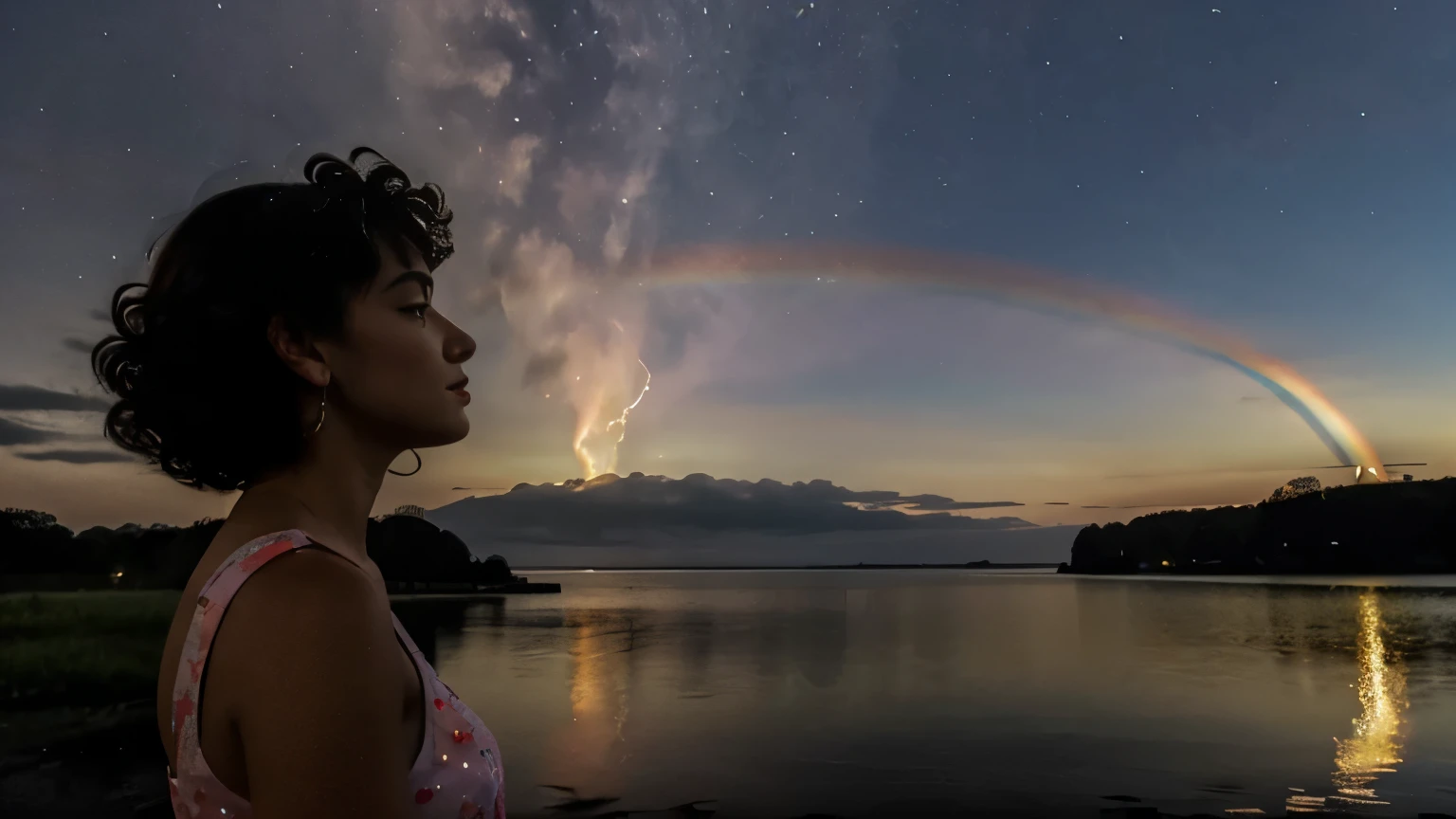 1girl watching the sky , susy quatro, 25 years old, SHORT DRESS, FREE CURLY HAIR, NIGHT, hands behind the back, lake background, meteor closer in the sky, closeup, close-up, iridescent clouds, sun on the horizon, BREAK fire rainbow, Circumhorizontal Arc, BREAK,
