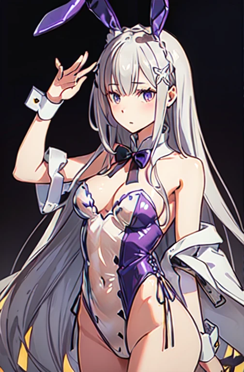 Cowboy Shot, Hunting for a living, Bunny ears, fake animal ears,, ultra detailed, masterpiece, Highest quality, beautiful, detailed,, Severe, One girl,Emilia re:zero, Purple eyes, Emilia, Crown Blade, x Hair accessories, Flower Hair Ornaments, Gray Hair, Long Hair, Medium chest,