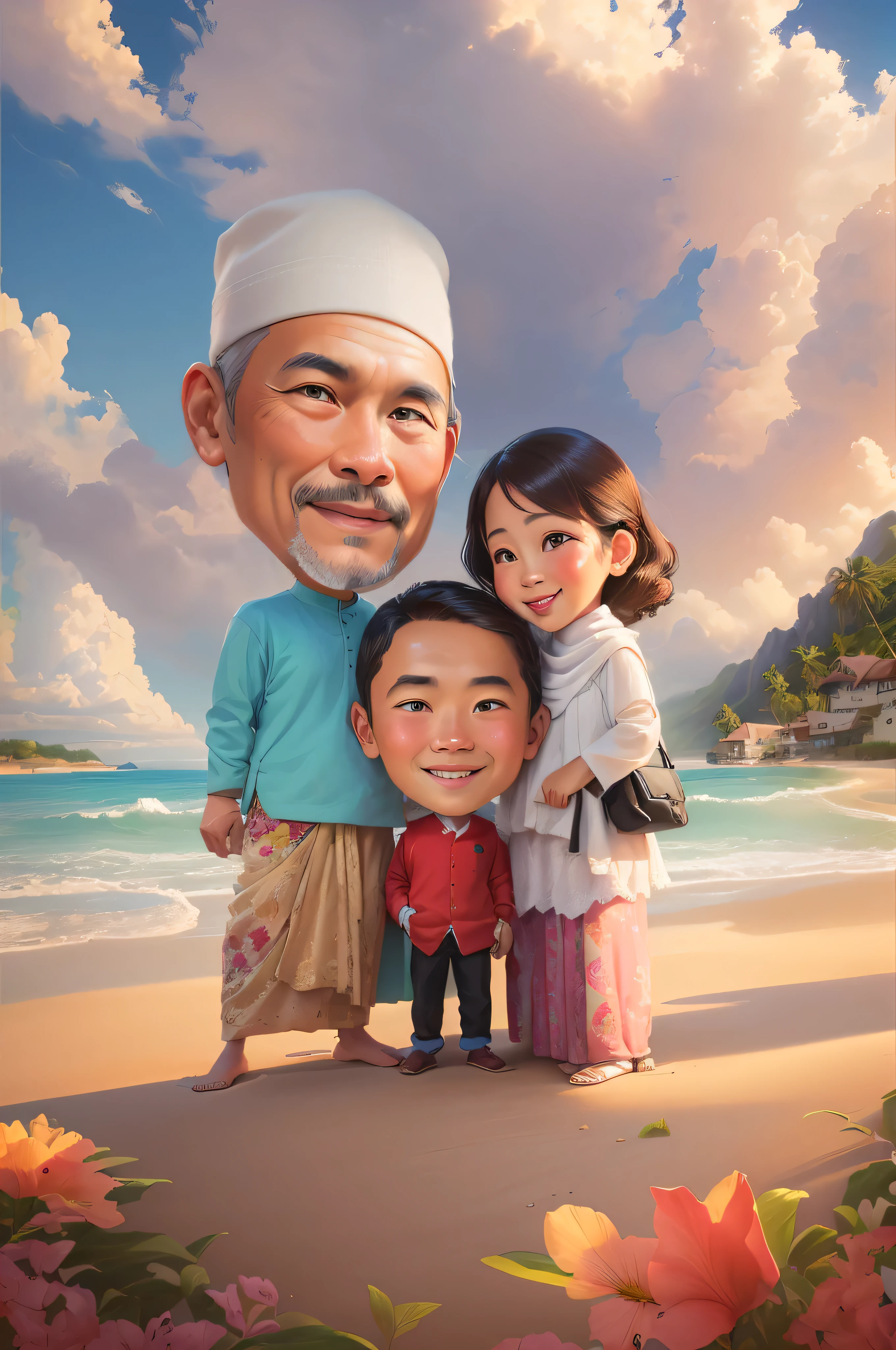 cartoon of a family on the beach with a man and woman, an indonesian family portrait, caricature illustration, Indonesian family, happy family, potrait, cartoon digital painting, husband wife and son, caricature, in cartoon style, caricature style, cartoon digital art, digital art cartoon, family, digital cartoon painting art, classic portrait, portrait of family of three