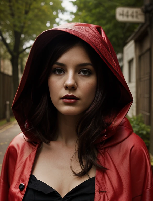 A captivating pulp art-inspired photo of a modern Red Riding Hood, Reminiscent of Mark Durmstead's style. theme, A plump woman、带有poster女郎魅力的女性, Wearing a red skirt,Highlights her long legs. She strode confidently through an enchanted forest, Carrying a basket full of goods. There was a mysterious atmosphere around her., A vibrant landscape,Giant trees,The setting sun casts a warm glow, Golden Light. The high-resolution UHD photo is perfect for a poster or print, 一张photo捕捉冒险和美丽的精髓., poster, photo, Surreal Sexy.