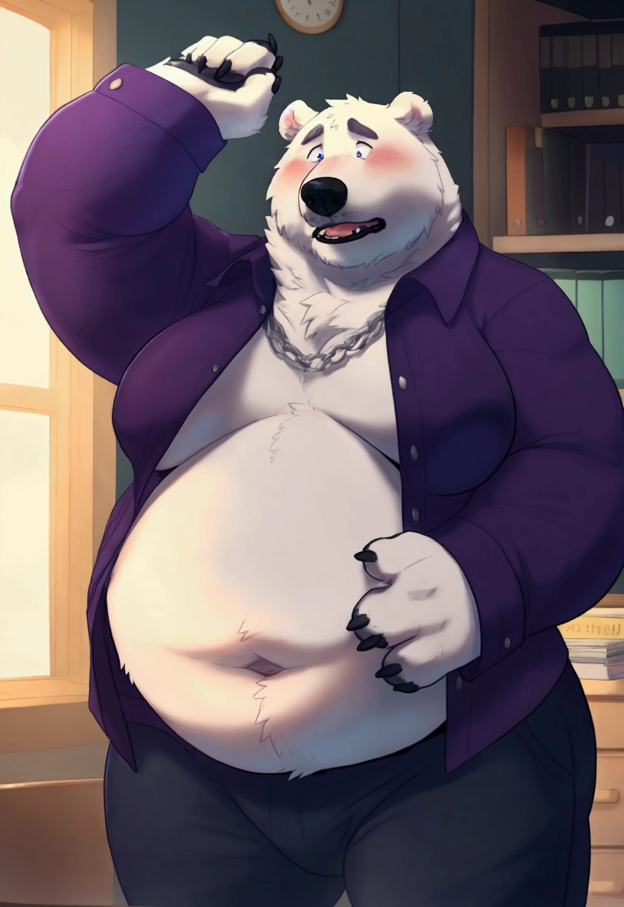 Fat old polar bear exposing himself, office clothes, big belly, wide belly, ample breasts, open topwear, smiling, embarrassed, old fat polar bear, anthropomorphic, big, correct anatomy, front view, high resolution, great lighting, great quality, great expression, anatomically correct pose.