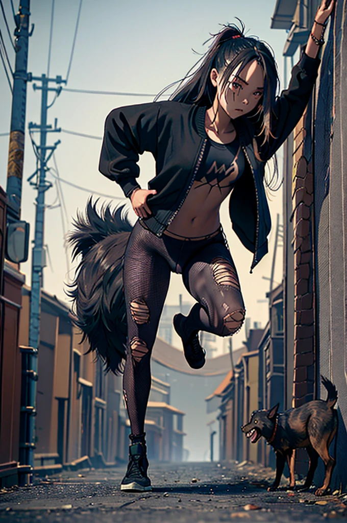 a -yeld ni girl, hip-hop clothes, long hair, running on a ruined street, a dog dressed in similar tones, hyper realistic, cinematic lighting, epic scale, detailed facial features, intricate clothing textures, moody atmosphere, vibrant colors, volumetric fog, dynamic pose, photorealistic, 8k, best quality, masterpiece