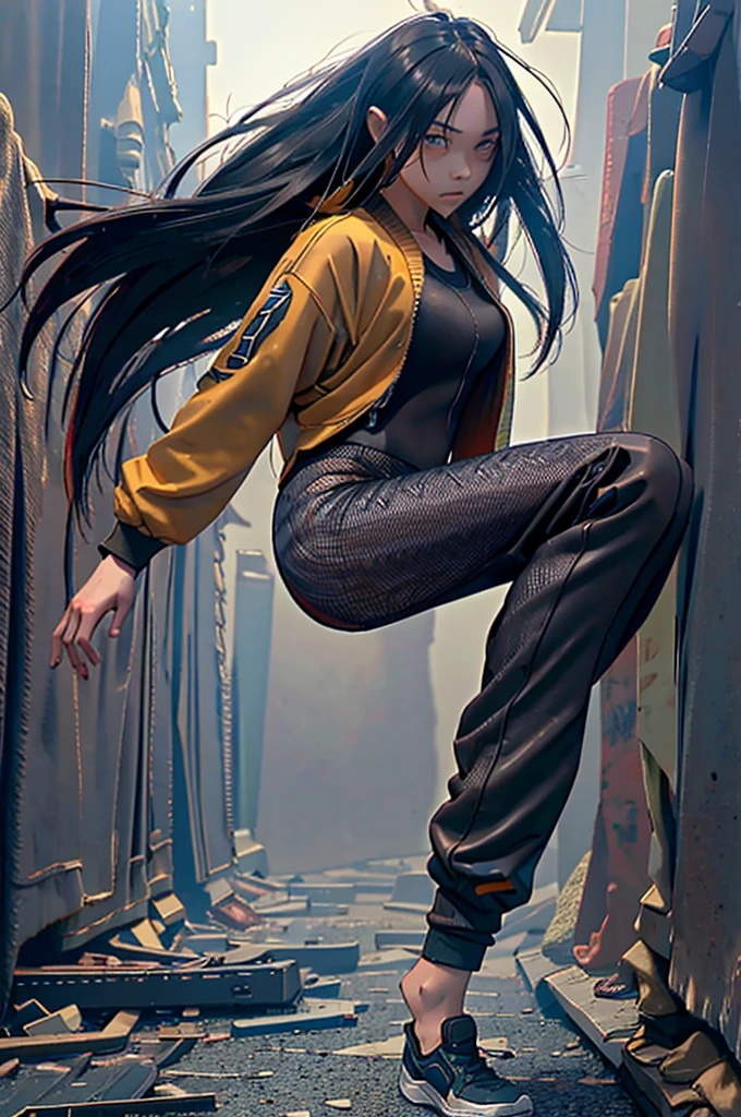 a ninja girl, hip-hop clothes, long hair, running on a ruined street, a dog dressed in similar tones, hyper realistic, cinematic lighting, epic scale, detailed facial features, intricate clothing textures, moody atmosphere, vibrant colors, volumetric fog, dynamic pose, photorealistic, 8k, best quality, masterpiece