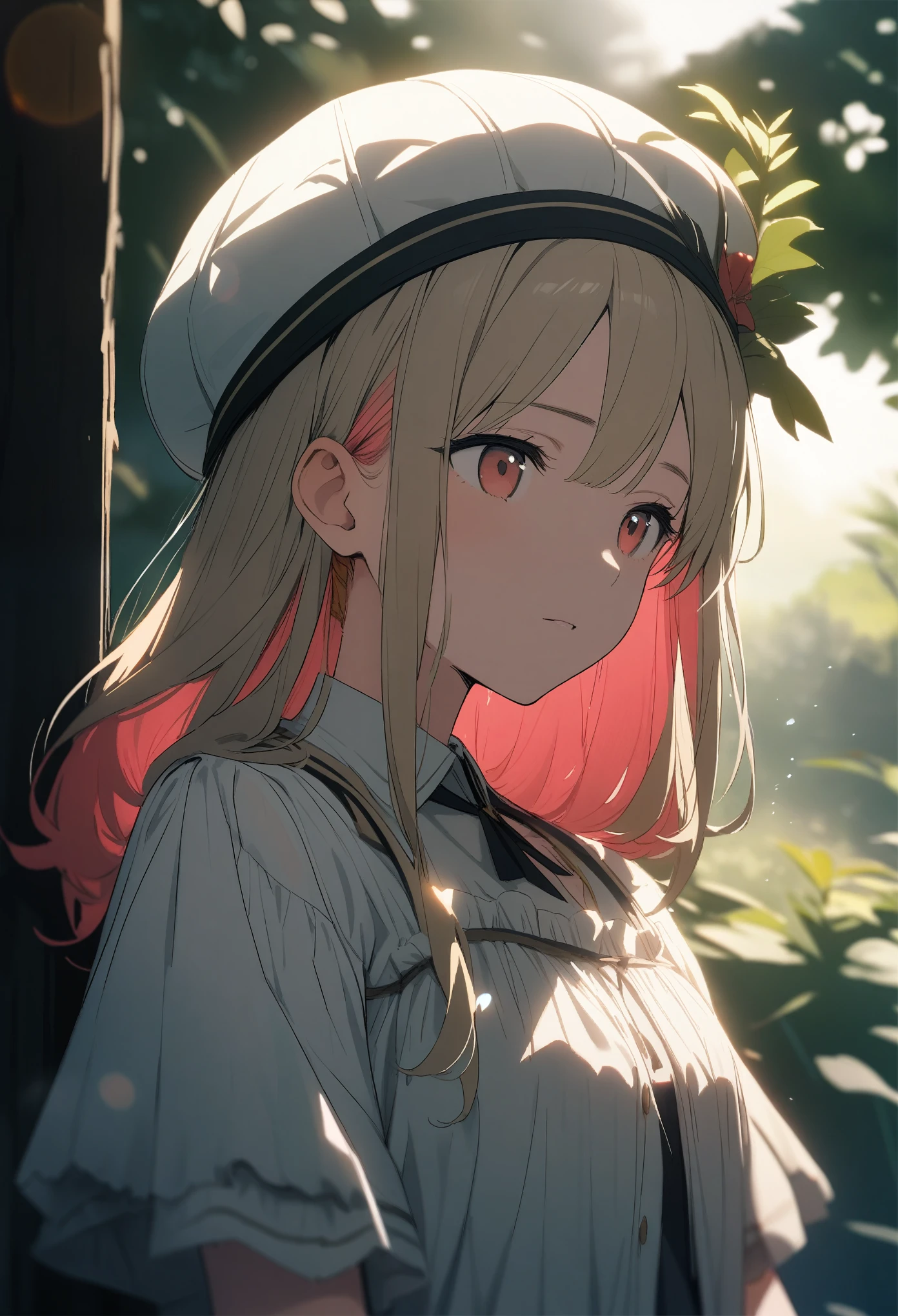 15-year-old girl, (forest浴用の夏服、hat)、(Golden hair color,Red pink inner color hairstyle), Beautiful Hair, Facial Contour, Remember, forest, sunlight、splash, Lens flare,, Natural Color, High resolution, Very delicate, Very detailed, 8k,(My breasts are just a little swollen,About B cup)、Shyness,((Sexual)),((Sexy feeling))