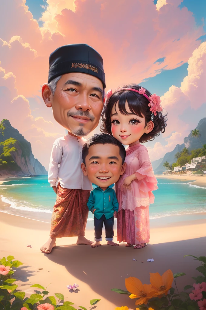cartoon of a family on the beach with a man and woman, an indonesian family portrait, caricature illustration, Indonesian family, happy family, potrait, cartoon digital painting, husband wife and son, caricature, in cartoon style, caricature style, cartoon digital art, digital art cartoon, family, digital cartoon painting art, classic portrait, portrait of family of three