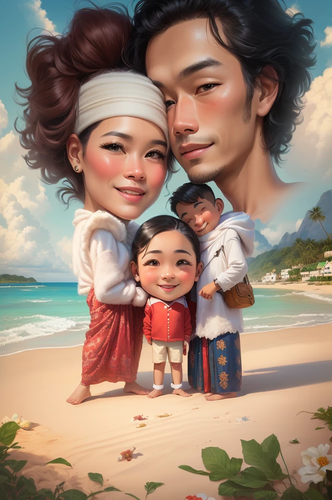 cartoon of a family on the beach with a man and woman, an indonesian family portrait, caricature illustration, Indonesian family, happy family, potrait, cartoon digital painting, husband wife and son, caricature, in cartoon style, caricature style, cartoon digital art, digital art cartoon, family, digital cartoon painting art, classic portrait, portrait of family of three