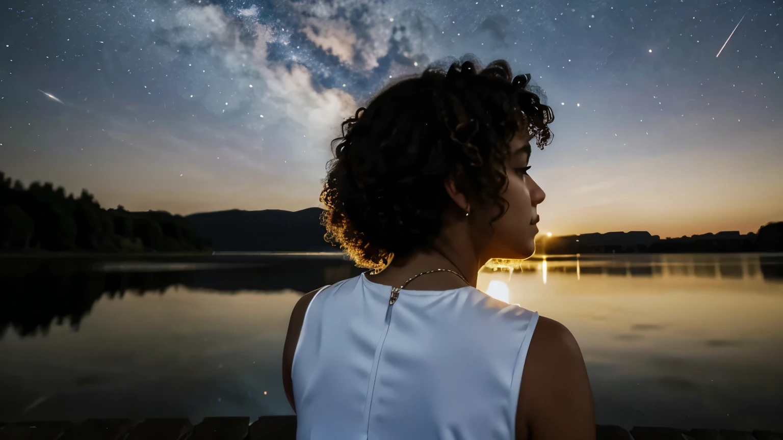 1girl watching the sky , susy quatro, 25 years old, SHORT DRESS, FREE CURLY HAIR, NIGHT, hands behind the back, lake background, meteor closer in the sky, closeup, close-up, BREAK,
