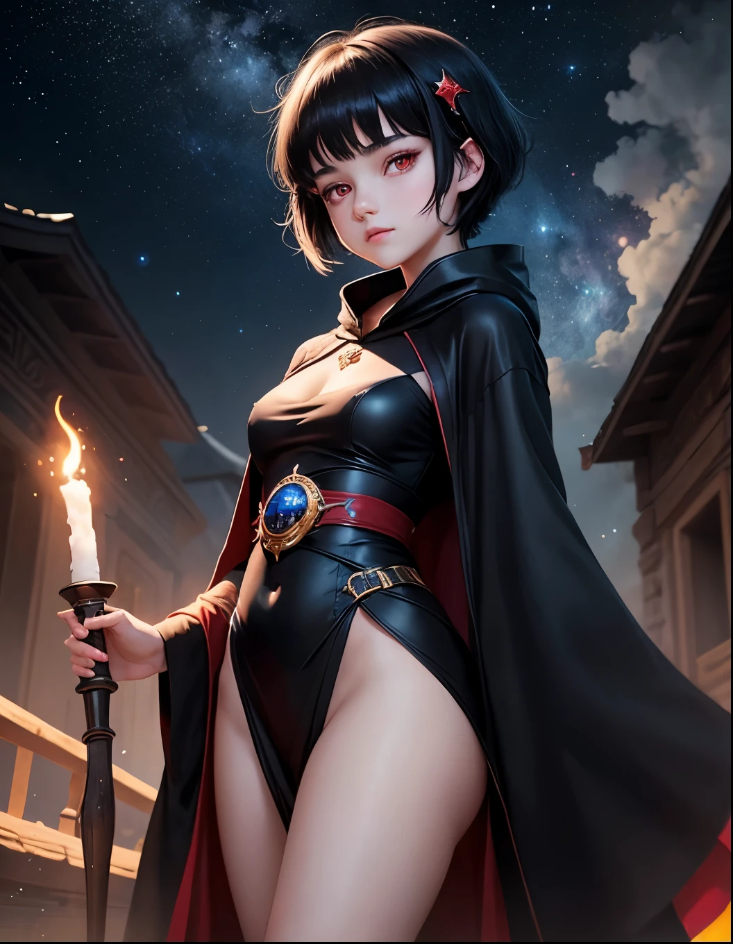 1 Cute Girl, , short black hair, pale skin, bright red eyes, black robe, cute face, goddess, girl with goddess profile, cosmic background, skin similar to a starry sky
