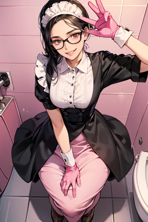 A mature maid with black hair and glasses wearing large pink rubber gloves and a gentle smile cleans the toilet