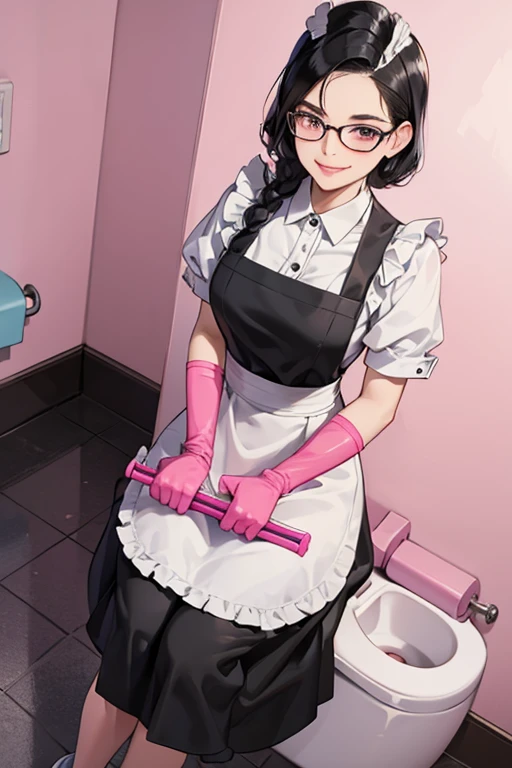 A mature maid with black hair and glasses wearing large pink rubber gloves and a gentle smile cleans the toilet