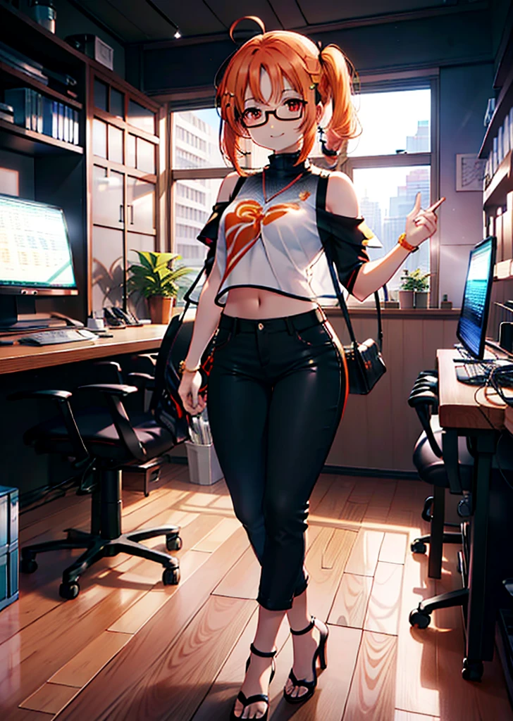 Takahai Chige,Orange Hair,Red eyes,smile,Long Hair,Ahoge,Cold Shoulder Shirt,Short sleeve,skinny pants,Stiletto heels,Black-rimmed glasses,interior,There is a computer on the table,Walking,whole bodyがイラストに入るように,Daytime,Clear skies,　　　　 　　　　　　　　　　　　break indoors, office, 　　　　　　　　　　　break looking at viewer, whole body, 　　　　　　　　break (masterpiece:1.2), Highest quality, High resolution, unity 8k wallpaper, (shape:0.8), (Beautiful attention to detail:1.6), Highly detailed face, Perfect lighting, Extremely detailed CG, (Perfect hands, Perfect Anatomy),