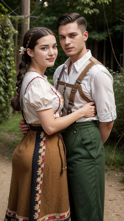 front view, 1 boy and 1 girl is exist, couple hug, hands hold each other body ,looking face to face, (1 man are dressed in Lederhosen, which are short knit pants with suspenders, often decorated with embroidery:1.3), 1 girl is 20 years-old, (brown hair ,double braid, smile), slime body, traditional German costumes from the 1930s. (The women are wearing embroidered Dirndls, which include a close-fitting bodice with a low neckline, a blouse worn under the bodice), (Black wide high-waisted knit skirt, An ankle-length skirt ), (White apron, flower arrange embroidered apron), traditional shoes, The setting is a rural village during a festival, with people engaging in traditional activities and celebrating their heritage , textured skin , HI detailed skin, (foreshortening, Canon, 8K, anatomically correct, super detail, high details, highness)