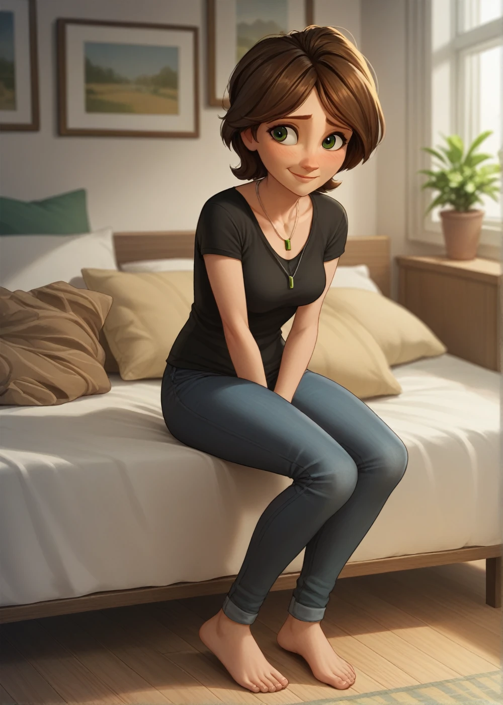 cass,1girl, solo, breasts, smile, short hair, brown hair, shirt, jewelry, green eyes, full body, jeans, short sleeves, indoors, necklace, blurry, black shirt, shy smile, score_9, score_8_up, score_7_up, score_6_up,