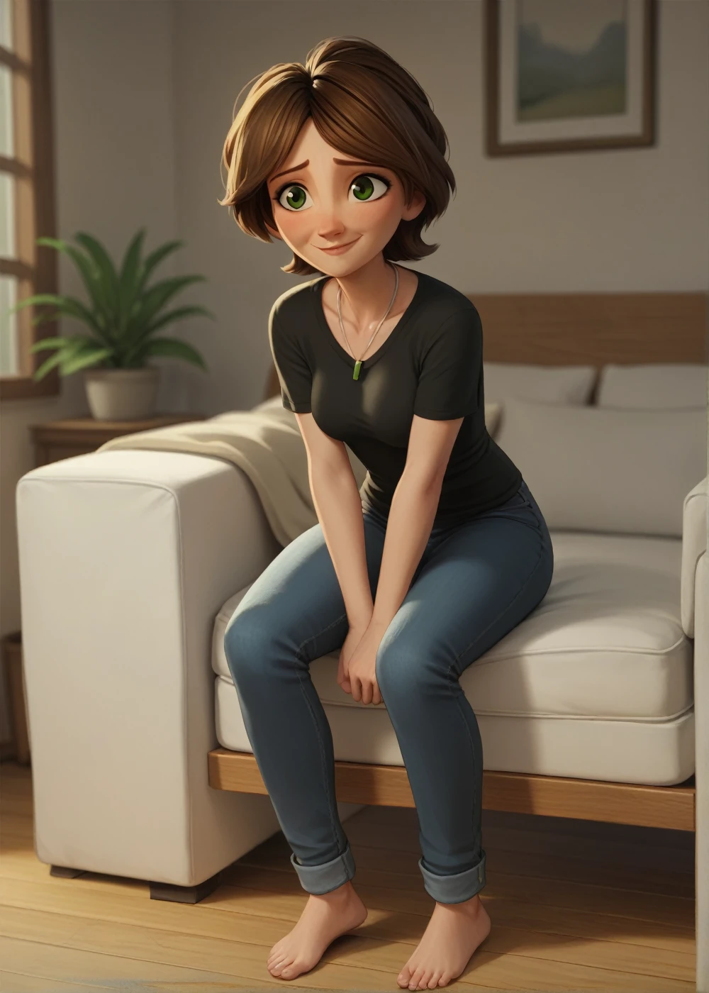 (photo brute, best quality) , (realistic, photo-realistic: 1.4), extremely formidable general plan, head of&#39;artwork, ultra-detailed, high resolution, Meilleure illustration, best shadow, Complexe, depth of ﬁeld, belle femme labrador anthropomorphe qui peut marcher sur ses deux pattes arrière, she wears blue jeans, chemise blanche, she has a nice tail, she is in a living room, Style photoréaliste 8k, DSLR, high quality, (grain de film: 1.4), Fujifilm XT3,