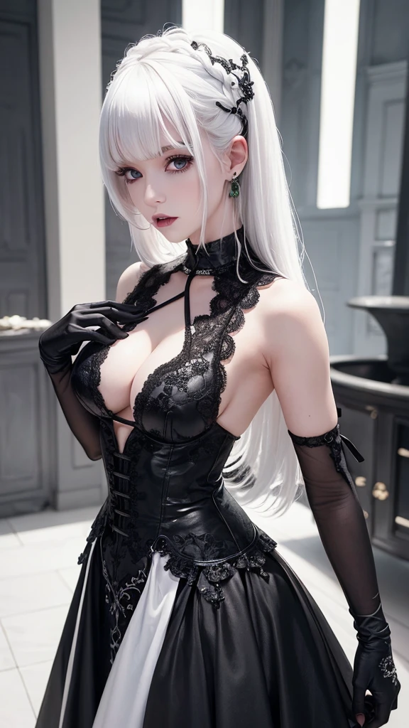 girl with white hair,with bangs, black gloves, green eyes, goth, dress, 4K, masterpiece, perfect body, stem,perfect eyes, perfect shading, perfect lighting, best quality, work of art, ultra detailed, detailed clothing