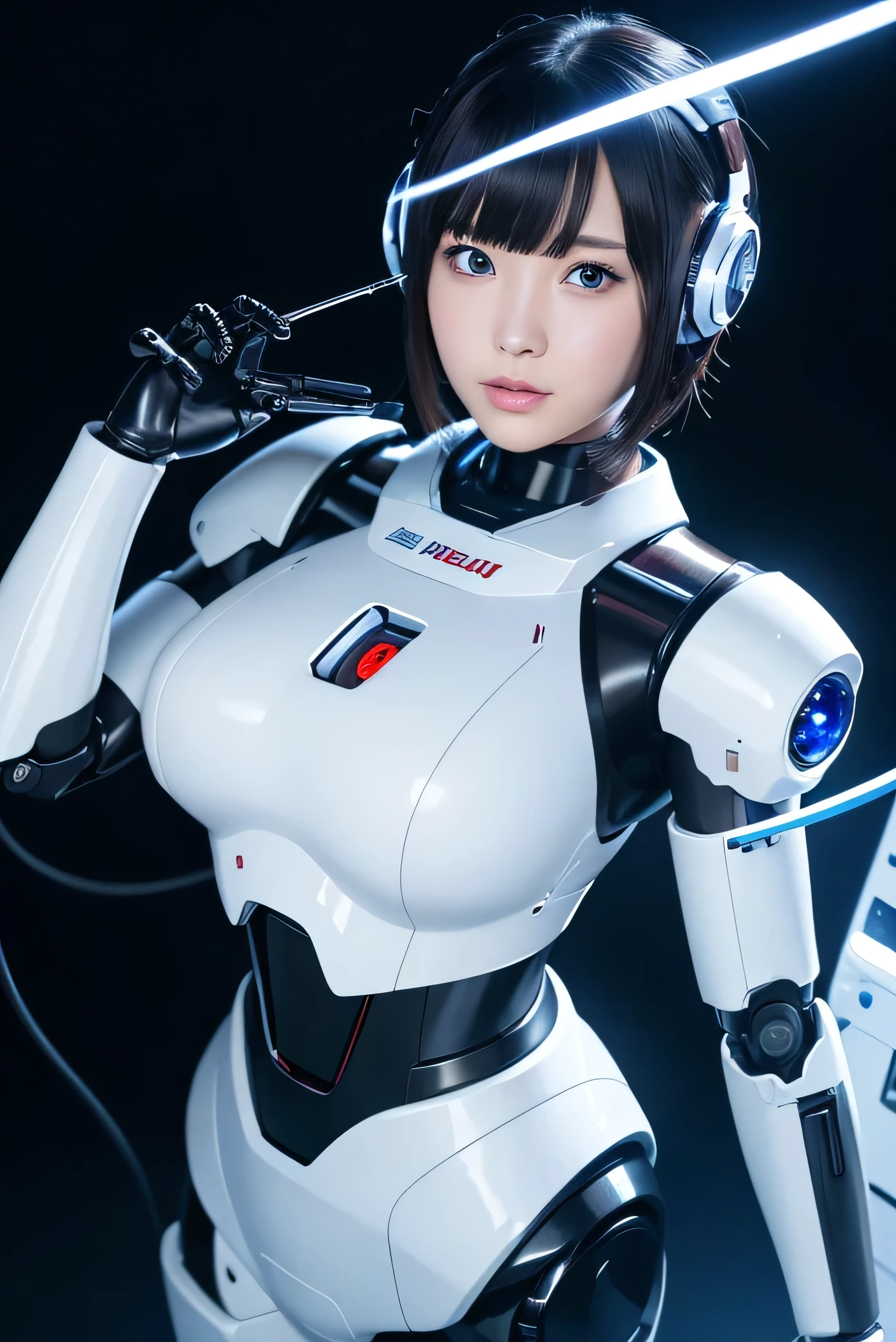 masterpiece, best quality, extremely detailed,8k portrait,Japaese android girl,Plump , control panels,android,Droid,Mechanical Hand, Robot arms and legs, Black hair,Blunt bangs,perfect robot girl,long tube,thick cable connected her neck,android,robot,humanoid,cyborg,japanese cyborg girl ,robot-assembly plant,She has assembled now,assembly scene,white robot body,blue eyes, 