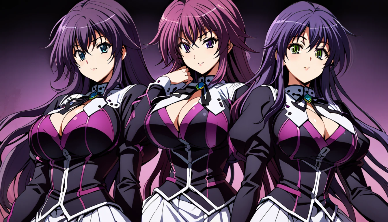 High detailed, 3 girls, matching hairstyles, matching uniforms, matching sizes,  violet eyes, purple tones colored hair, huge long hair, busty, chunky body, yellow genetics's uniform, Juliet sleeves,  deep cleavage, white skirt, genetics's uniform, juliet sleeves, genetics's uniform, posing together