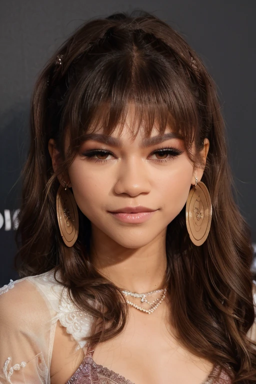 zendaya wearing lacy long sleeve crop top, long wavy hair, eyeliner, eyeshadow, eyelashes, lipstick, makeup, hoop earrings, upper body close-up, solid wall background,