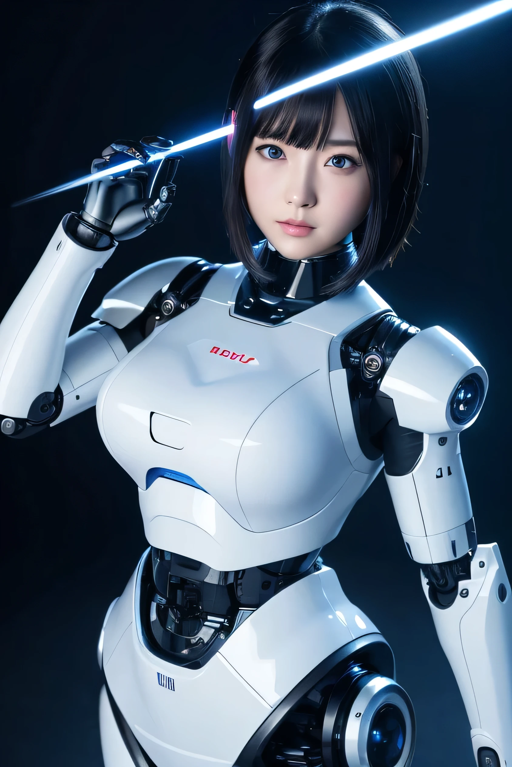 masterpiece, best quality, extremely detailed,8k portrait,Japaese android girl,Plump , control panels,android,Droid,Mechanical Hand, Robot arms and legs, Black hair,Blunt bangs,perfect robot girl,long tube,thick cable connected her neck,android,robot,humanoid,cyborg,japanese cyborg girl ,robot-assembly plant,She has assembled now,assembly scene,white robot body,blue eyes, 
