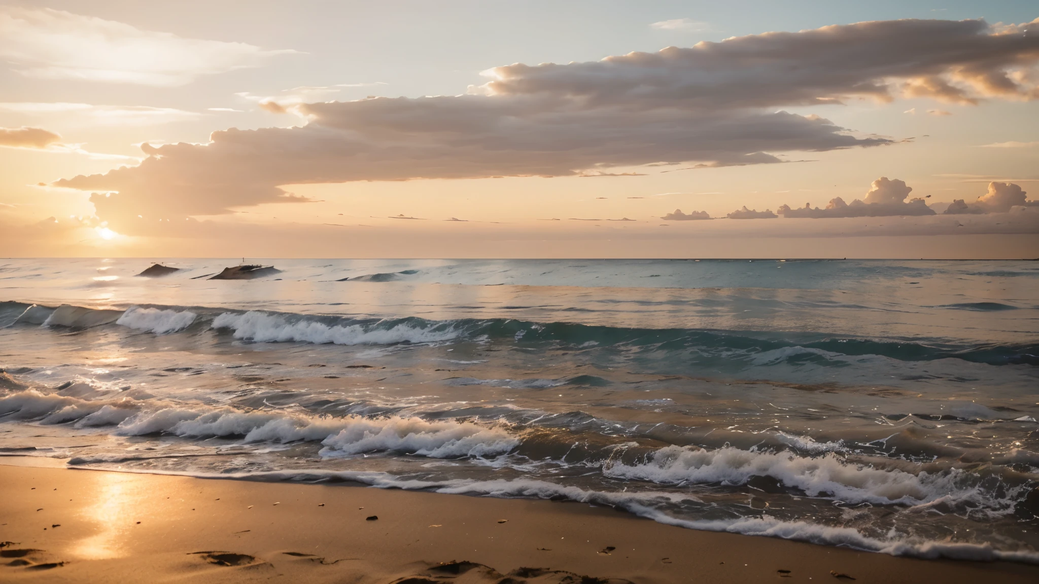 Sunset in the afternoon, when the beach water move slowly, and the sand look goldy because of sunset warm light, natural panoramic view 4K looking