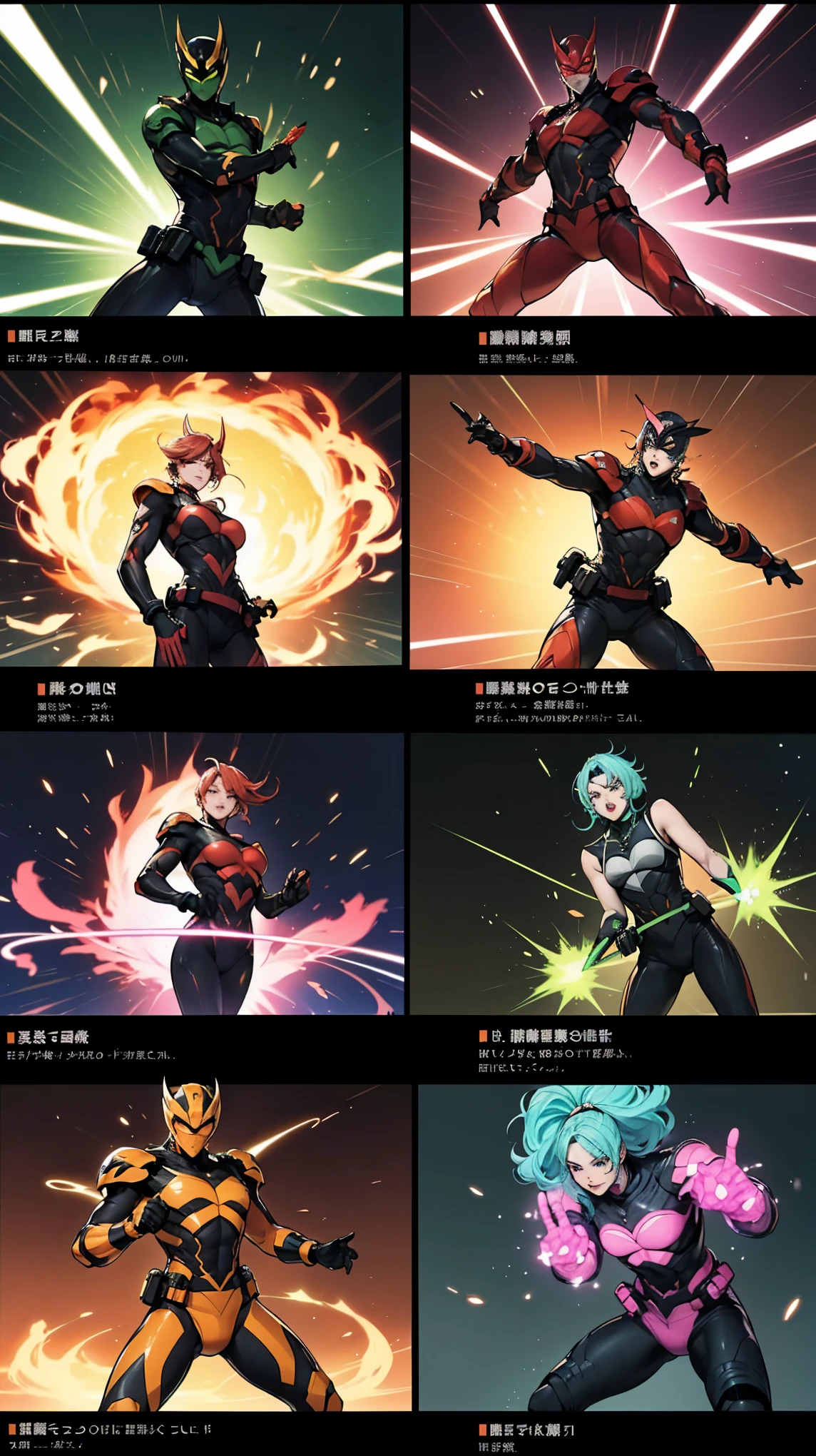 A brave and daring image of the six-man Ranger team, Each is decorated with the following vibrant colors:: neon pink, Sunset Orange, Fire engine red, plasma violet, Fluorescent Green, shocking yellow. A dynamic pose with a background that oozes energy and courage.。, Embodying the essence of the classic Sentai superhero team. Each Ranger&#39;s outfit is sleek and modern, Each color has elements that reflect its theme., Ready for action. ((camel toe))
