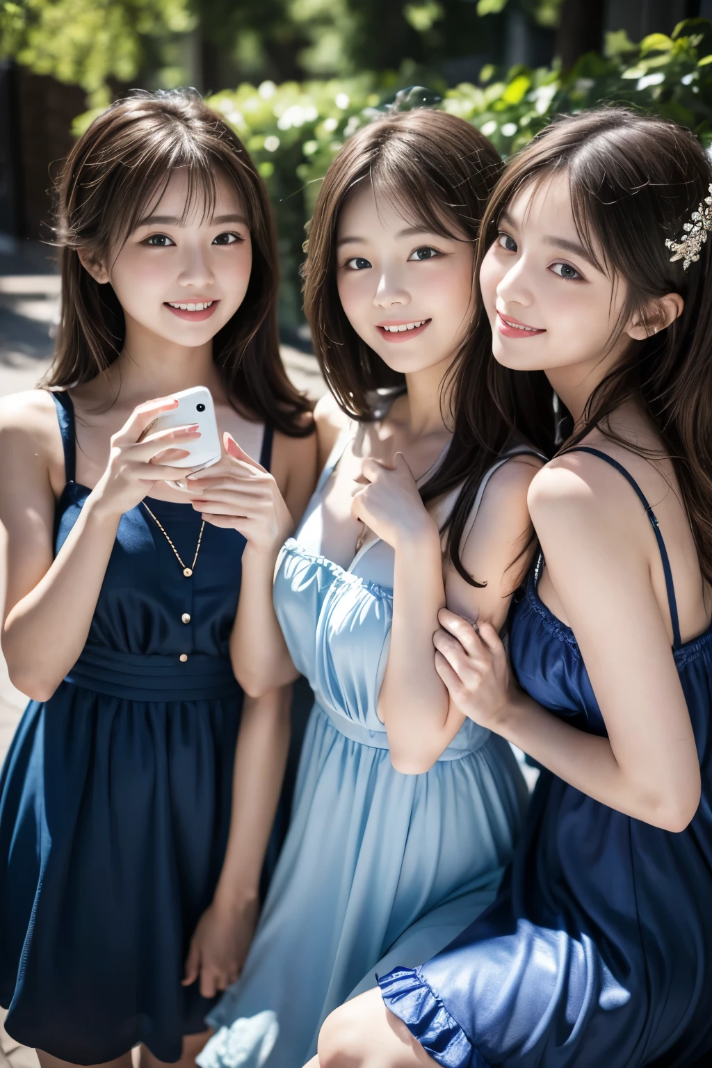 Ultra high definition, A group of girls in blue dresses taking pictures, Cute Girls, Realistic:1.5, 8k Raw Photo:1.5, In the soft sunlight of a clear day,happy birthday. Bright smile, White skin, Soft skin texture, masterpiece,
