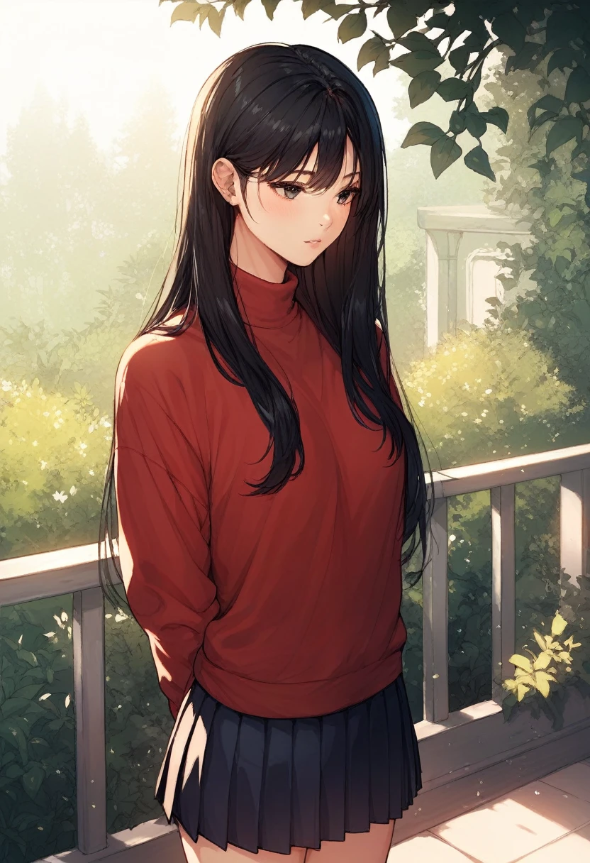 score_9, score_8_up, score_7_up, score_6_up, score_5_up, score_4_up, nari, black eyes, black hair, long hair, red sweater, long sleeves, black pleated skirt, standing,