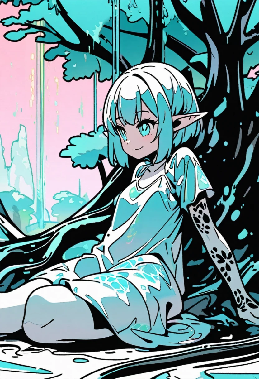 line art, iridescent white light effect, 2.5D, delicate and dynamic, pure aquamarine world, cute white elf girl, captivating smile, white short messy pixie cut, loose dress, thin flat body line, covered in tattoos, sitting, leaning against a large aquamarine tree, background aquamarine, cartoon-style images, shading, contrast magic effects, aquamarine eyes
