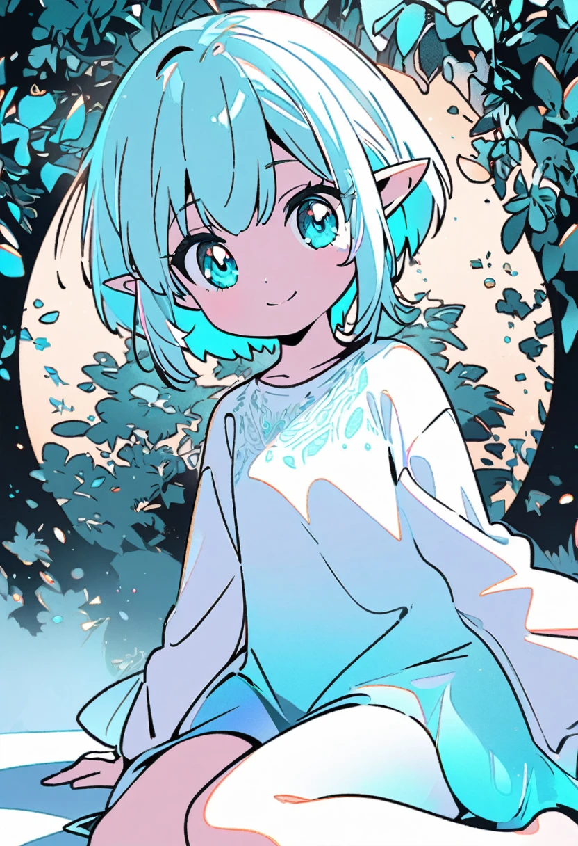 line art, iridescent white light effect, 2.5D, delicate and dynamic, pure aquamarine world, cute white elf girl, captivating smile, white short messy pixie cut, loose dress, thin flat body line, covered in tattoos, sitting, leaning against a large aquamarine tree, background aquamarine, cartoon-style images, shading, contrast magic effects, aquamarine eyes