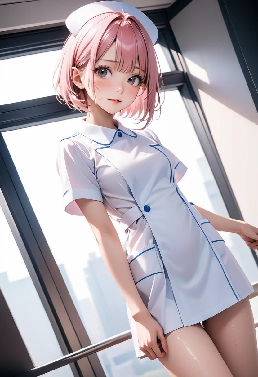 ((nurse uniform)), skinny, solo, 1 woman, Masterpiece, highest quality, highest quality, 16K, incredibly absurd, highly detailed, 2.5D, ai-generated, delicate and dynamic, very delicate facial expressions, delicate eye depiction, erotic, only sexy woman, ((A cute and kind face)), healthy figure, ((25-year-old woman)), 160cm tall, medium firm swaying bust,, (short hair), (pink hair:1.5), bob cut, black eye, blush, Sweat,Embarrassed,sexy, ((thin thighs)), (Erect nipples,:0.5), shiny and lustrous, facing straight at viewer, (in heat), ((Oily_skin)), ((dutch angle)), ((erotic pose)),