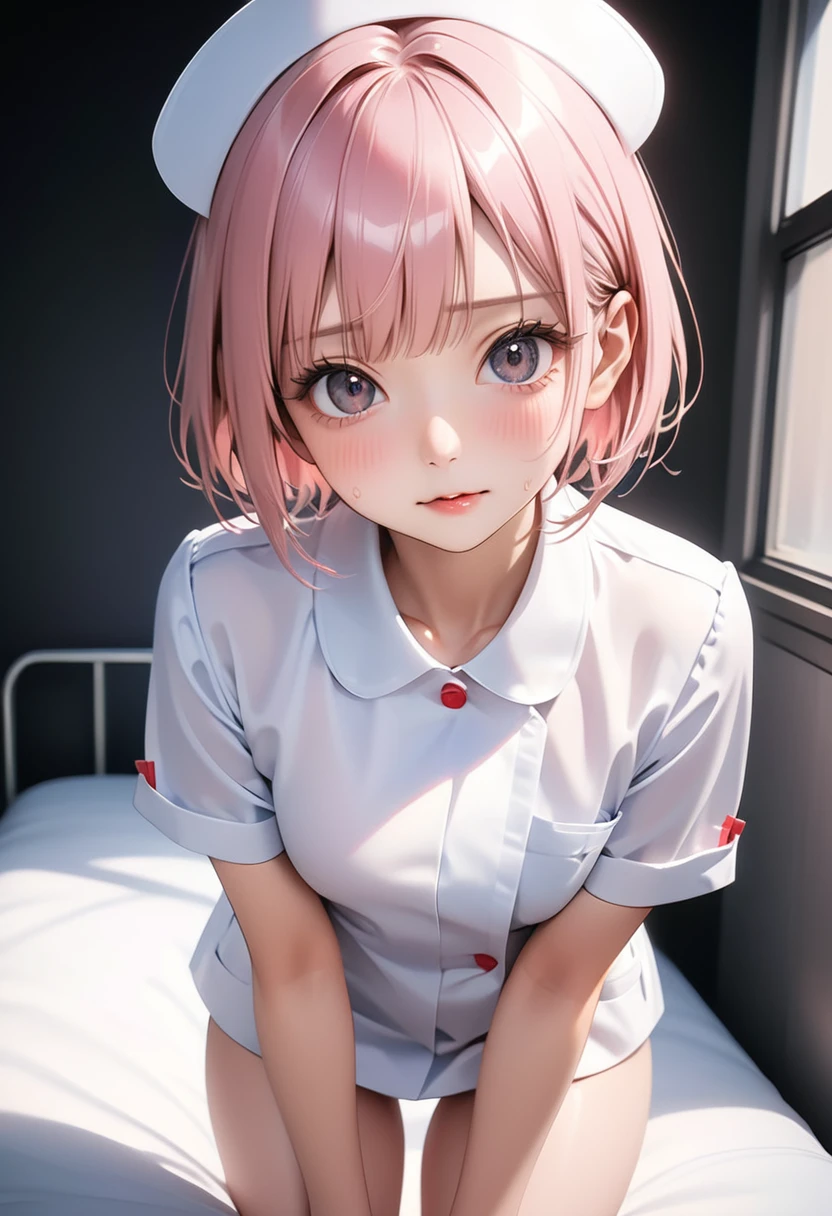 ((nurse uniform)), skinny, solo, 1 woman, Masterpiece, highest quality, highest quality, 16K, incredibly absurd, highly detailed, 2.5D, ai-generated, delicate and dynamic, very delicate facial expressions, delicate eye depiction, erotic, only sexy woman, ((A cute and kind face)), healthy figure, ((25-year-old woman)), 160cm tall, medium firm swaying bust,, (short hair), (pink hair:1.5), bob cut, black eye, blush, Sweat,Embarrassed,sexy, ((thin thighs)), (Erect nipples,:0.5), shiny and lustrous, facing straight at viewer,  (in heat), ((Oily_skin)), ((dutch angle)), ((erotic pose)),