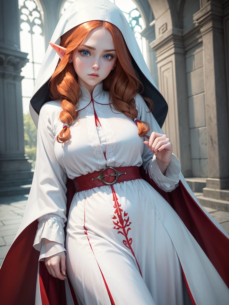 Young beautiful woman. Elf. Nun. Ginger long wavy hair. Pale skin. Light blue eyes. She frowns a little. Plump lips. White cassock with red patterns. Triangular collar with lace.