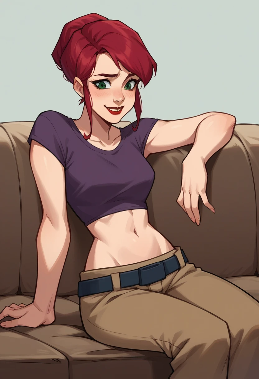 score_9,score_8_up,score_7_up, source_anime,BREAK april2003,1girl,short hair,shirt,navel,green eyes,red hair,midriff,belt,pants,crop top,makeup,lipstick,brown pants,cropped shirt, smiling, shy, sitting on sofa, 