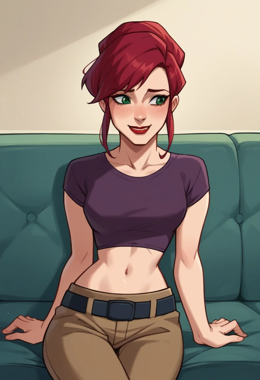 score_9,score_8_up,score_7_up, source_anime,BREAK april2003,1girl,short hair,shirt,navel,green eyes,red hair,midriff,belt,pants,crop top,makeup,lipstick,brown pants,cropped shirt, smiling, shy, sitting on sofa, 