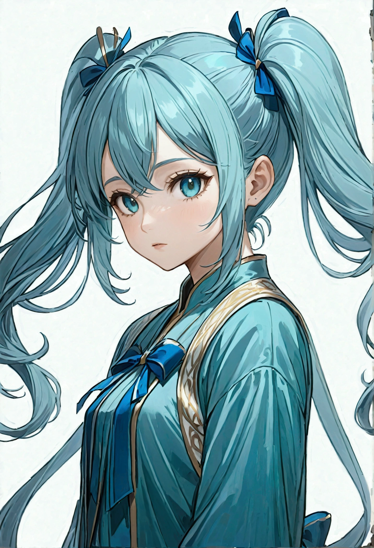 Girl, 8k, highres, best quality, Hair:
Color: Light blue or silver.
Style: Long, wavy, and tied into twin tails with blue ribbons.
Eyes:
Color: Light green or teal.
Body Type:
Slim and .