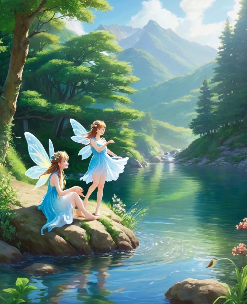 Frolicking by the water in the mountains、Two fairies