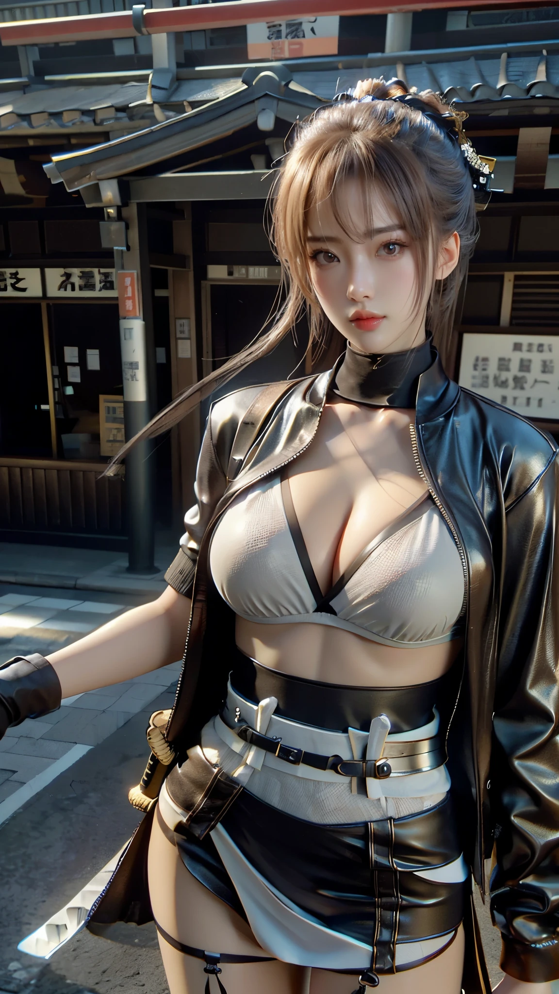 1girl,Tokyo Street,night,view of the ancient city of Japan,face details,hand details,city lights,half body view,cleavage,(((big breasts))),8k,RAW photos,best quality,masterpiece,realistic,photos  -realistic,best quality,masterpiece, very high resolution), 8K, 1girl, ((ninja suit)), from below, (((samurai detail:1,5))), natural skin texture, skin pores, texture  natural skin, dynamic poses, film details,