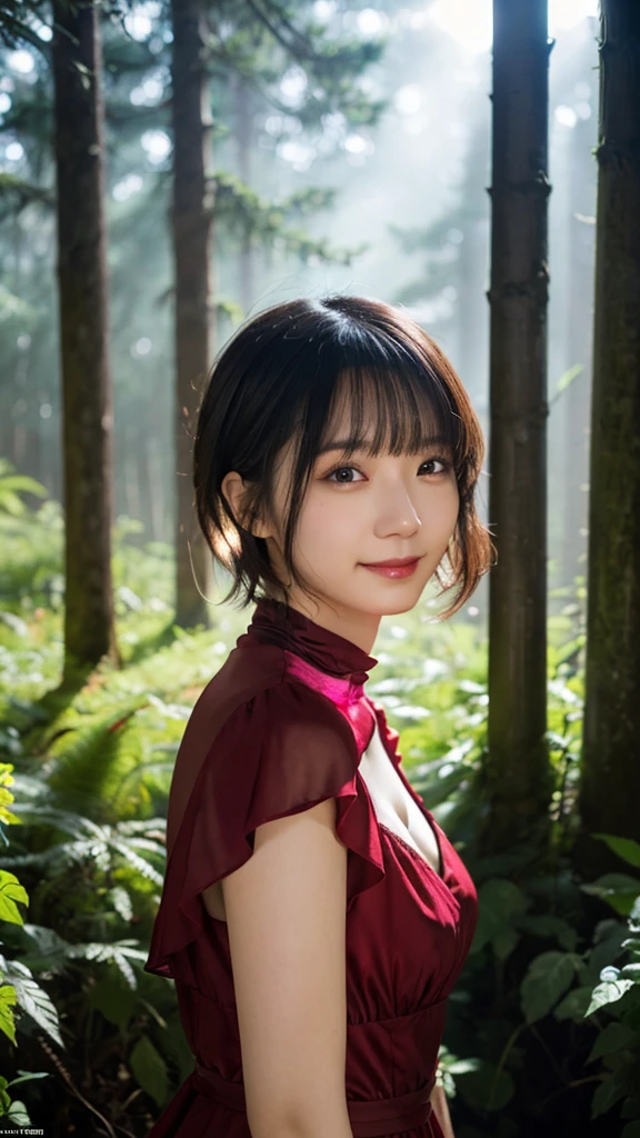 (highest quality,masterpiece:1.3,Ultra-high resolution),(Super detailed,Caustics,8k), (Photorealistic:1.4, RAW shooting),(A forest shrouded in a mysterious, dense fog),Sunlight filtering through the trees ,Light pours down,20-year-old,cute,Are standing,(smile),Looking into the camera,Black short hair,(Crimson Dress), (Bust up shot),Natural light