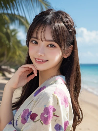 masterpiece, Highest quality, figure, Very detailed, In detail, High resolution, 8k wallpaper, Perfect dynamic composition, Beautiful attention to detail, Beach, summer, yukata, Long Hair, Relaxed pose, cute, smile, looking at the camera