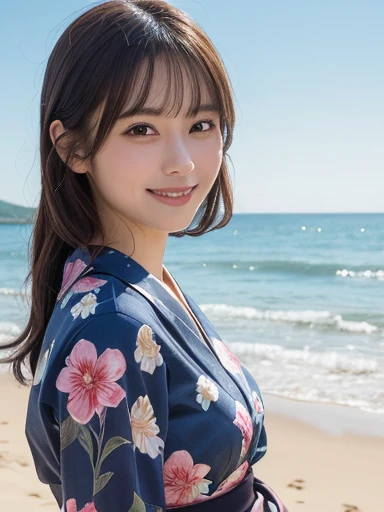 masterpiece, Highest quality, figure, Very detailed, In detail, High resolution, 8k wallpaper, Perfect dynamic composition, Beautiful attention to detail, Beach, summer, yukata, Long Hair, Relaxed pose, cute, smile, looking at the camera
