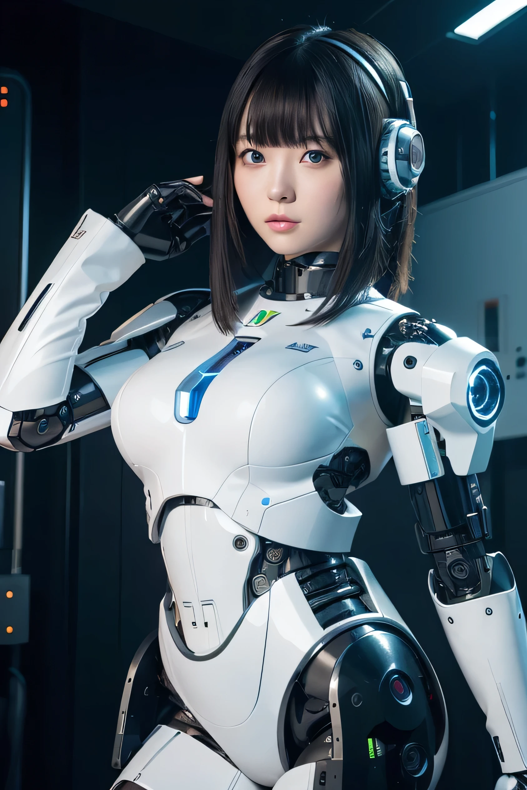 masterpiece, best quality, extremely detailed,8k portrait,Japaese android girl,Plump , control panels,android,Droid,Mechanical Hand, Robot arms and legs, Black hair,Blunt bangs,perfect robot girl,long tube,thick cable connected her neck,android,robot,humanoid,cyborg,japanese cyborg girl ,robot-assembly plant,She has assembled now,assembly scene,white robot body,blue eyes,