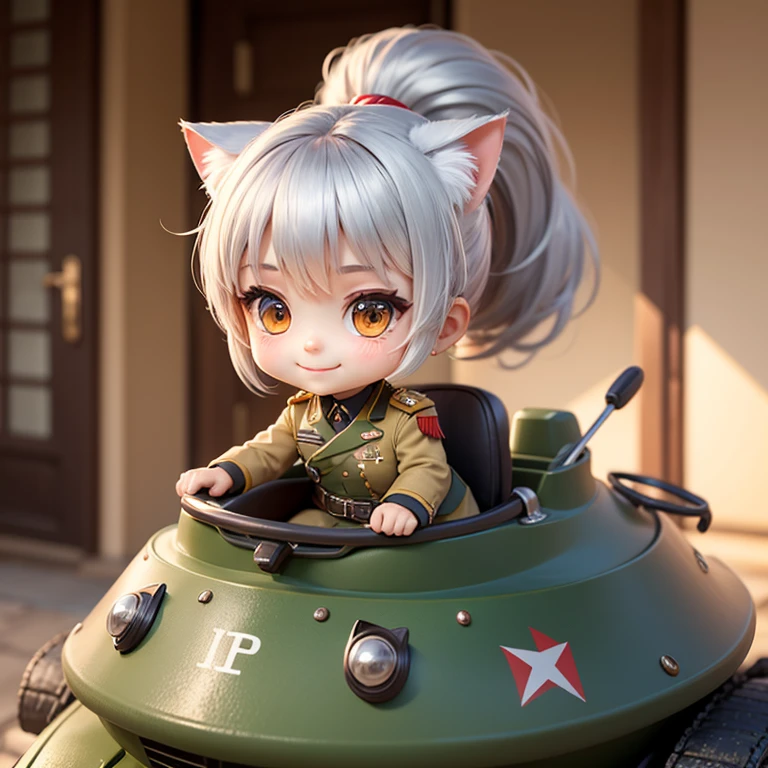Chibi Character, Cat-eared girl in military uniform, smile, ponytail, Silver Hair, Ride in a tank