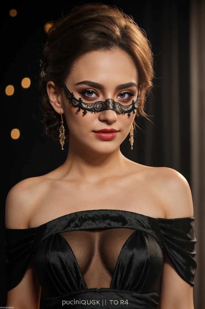 a girl wearing a mask, off-shoulder gown, fog, ballroom, (medium closeup), cinematic, 35mm photography, film, bokeh, professional, extremely detailed, (best quality, 4k, highres, masterpiece:1.2), ultra-detailed, (realistic, photorealistic, photo-realistic:1.37), HDR, UHD, studio lighting, ultra-fine painting, sharp focus, physically-based rendering, vivid colors