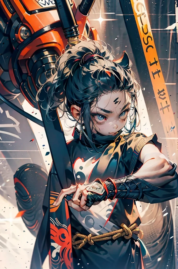 Create an image of a 10-year-old ninja boy, wearing hip-hop clothes, with long hair, running on a ruined street. Beside her is a dog dressed in similar tones