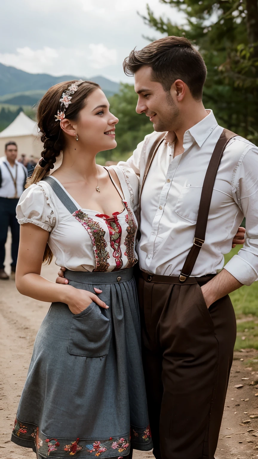 front view, 1 boy and 1 girl is exist, couple hug, hands hold each other body ,looking face to face, (1 man are dressed in Lederhosen, which are short knit pants with suspenders, often decorated with embroidery:1.3), 1 girl is 20 years-old, (brown hair ,double braid, smile), slime body, traditional German costumes from the 1930s. (The women are wearing embroidered Dirndls, which include a close-fitting bodice with a low neckline, a blouse worn under the bodice), (Black wide high-waisted knit skirt, An ankle-length skirt ), (White apron, flower arrange embroidered apron), traditional shoes, The setting is a rural village during a festival, with people engaging in traditional activities and celebrating their heritage , textured skin , HI detailed skin, (foreshortening, Canon, 8K, anatomically correct, super detail, high details, highness)