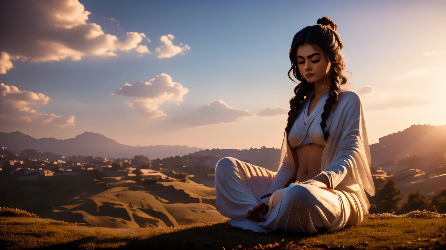 Namaste. Highly detailed image of a person meditating on the hill, on a clear day. Loose Clothes. cinematic lighting