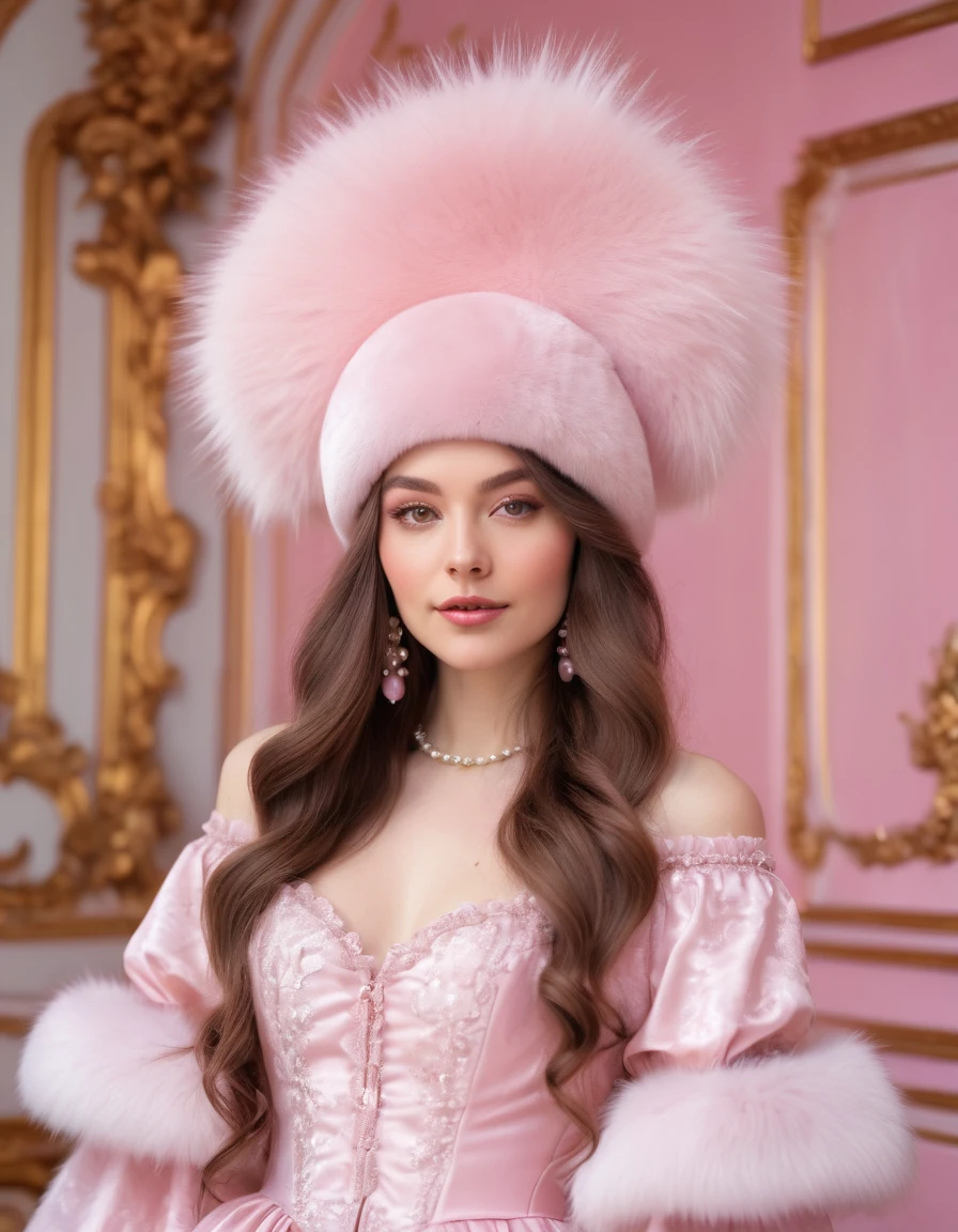 a woman with long brown hair, in a pink dress and a white hat posing for a picture in a pink dress and fur hat, in the style of rococo pastel hues, shiny/glossy, fairycore, 32k UHD, feminine sensibility
