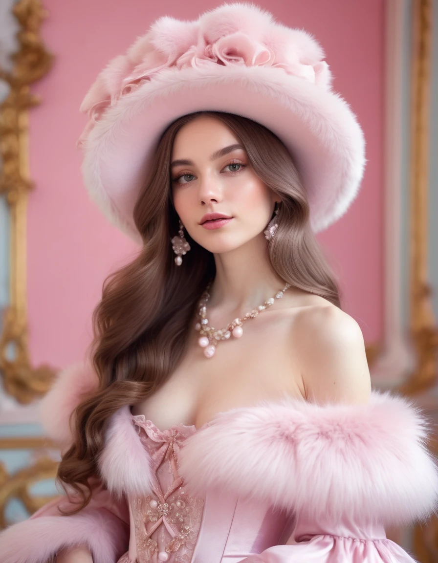 a woman with long brown hair, in a pink dress and a white hat posing for a picture in a pink dress and fur hat, in the style of rococo pastel hues, shiny/glossy, fairycore, 32k UHD, feminine sensibility
