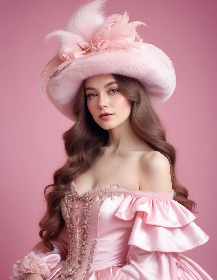 a woman with long brown hair, in a pink dress and a white hat posing for a picture in a pink dress and fur hat, in the style of rococo pastel hues, shiny/glossy, fairycore, 32k UHD, feminine sensibility
